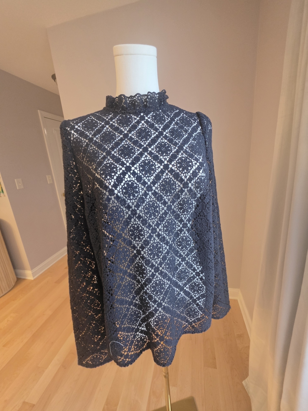 Sezane Navy Lace High-Neck Turtleneck Sweater